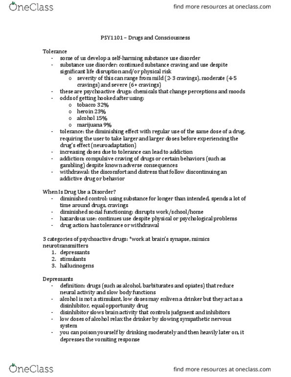 PSY 1101 Lecture Notes - Lecture 20: Pentobarbital, Endorphins, Codeine thumbnail