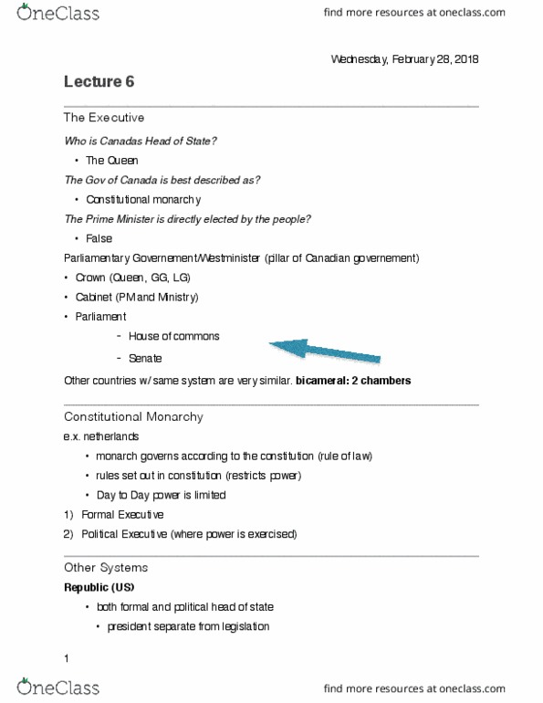 POLS 2300 Lecture Notes - Lecture 6: United Kingdom Cabinet Committee, Parliamentary Leader, Byrsonima Crassifolia thumbnail