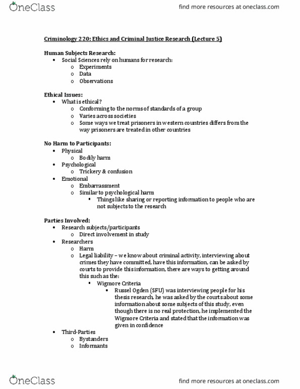 CRIM 220 Lecture Notes - Lecture 5: Longitudinal Study, Institutional Review Board, Belmont Report thumbnail