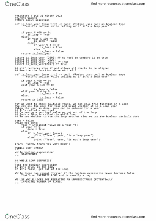 I&C SCI 31 Lecture Notes - Lecture 7: Leap Year, Boolean Expression thumbnail