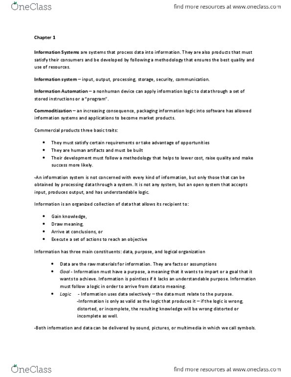 ITM 305 Chapter Notes - Chapter 1: Transaction Processing, Business Process, Fax thumbnail