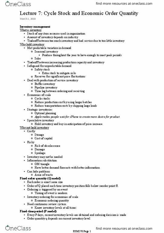 RSM270H1 Lecture Notes - Lecture 7: Safety Stock, Carrying Cost thumbnail