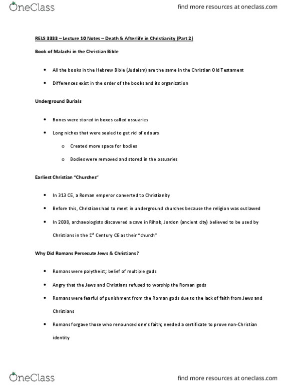 RELS 3333 Lecture Notes - Lecture 10: Stoning, Catacombs, Shamrock thumbnail