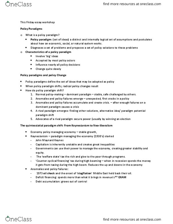 POLI 1P98 Lecture Notes - Lecture 8: Monetarism, 1973 Oil Crisis, John Maynard Keynes thumbnail