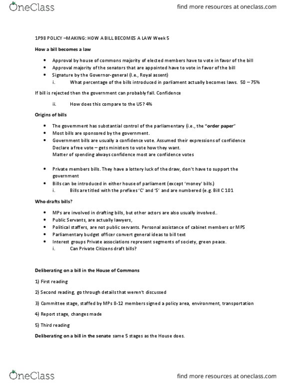 POLI 1P98 Lecture Notes - Lecture 6: Free Trade, Parliamentary Budget Officer, Royal Assent thumbnail