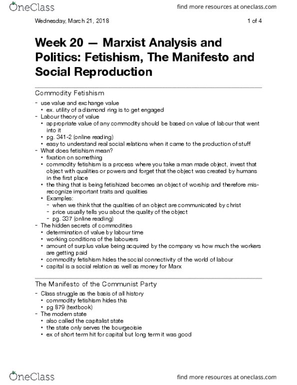Political Science 2237E Lecture Notes - Lecture 20: Consumerism, Political Movement, Proletariat thumbnail