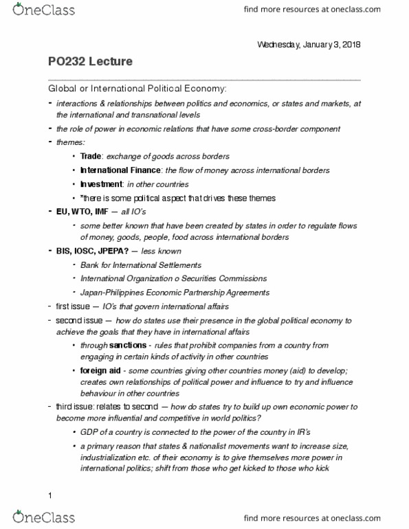 PO232 Lecture Notes - Lecture 1: International Political Economy, World Trade Organization thumbnail