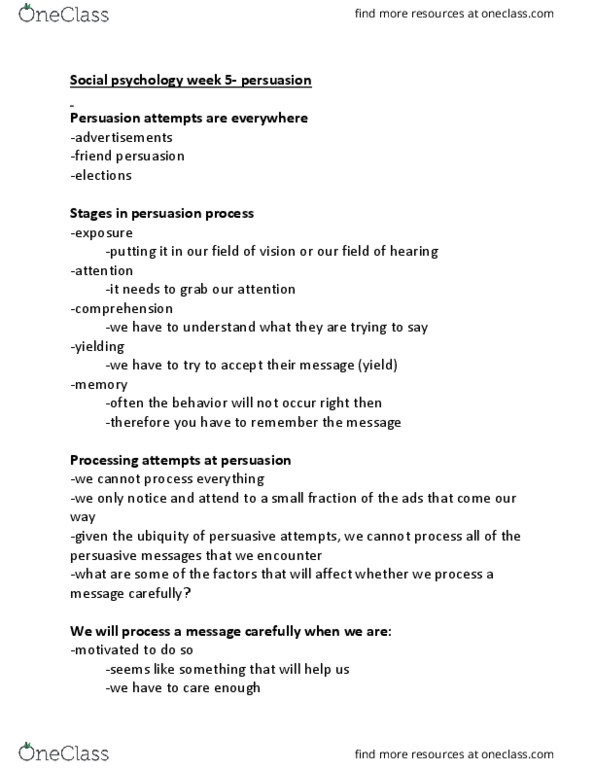 PSYC 241 Lecture Notes - Lecture 5: Ego Depletion, Elaboration Likelihood Model, Cognitive Model thumbnail