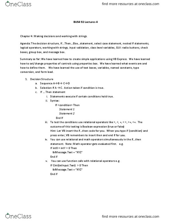 BUS4 092 Lecture Notes - Lecture 4: Short Circuit, Substring, Data Validation thumbnail