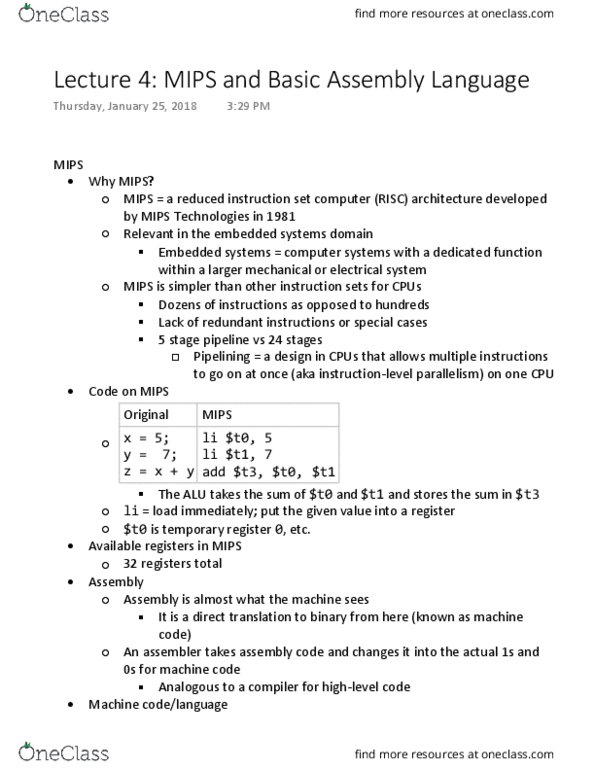 CMPSC 64 Lecture Notes - Lecture 4: Pseudocode, Interrupt, Spim thumbnail