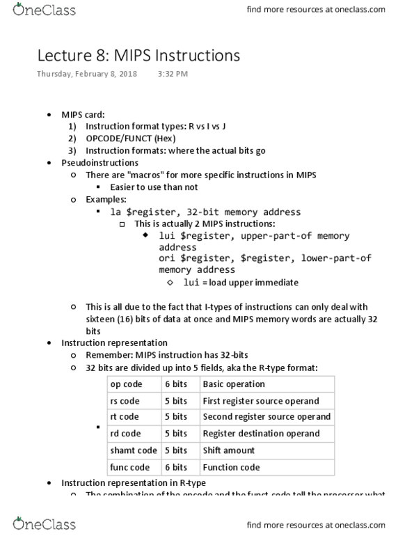 CMPSC 64 Lecture Notes - Lecture 8: Opcode, Memory Address, Operand thumbnail