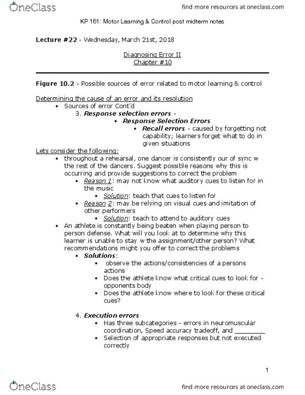 KP161 Lecture Notes - Lecture 22: Proprioception, Motor Learning, Error Detection And Correction thumbnail