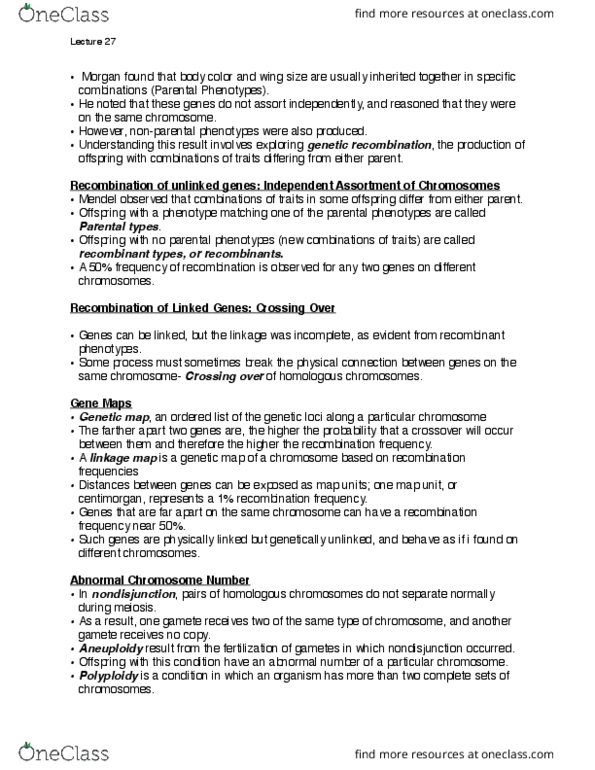 BIOL 1020 Lecture Notes - Lecture 27: Genetic Recombination, Mendelian Inheritance, Genetic Linkage thumbnail