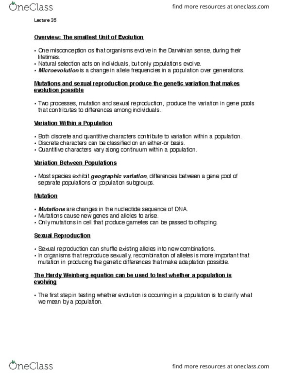 BIOL 1020 Lecture Notes - Lecture 35: Panmixia, Allele Frequency, Sexual Reproduction thumbnail