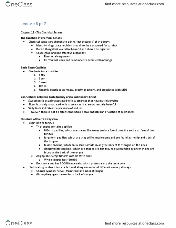 Psychology 2015A/B Lecture Notes - Lecture 9: Anosmia, Limbic System, Olfactory Receptor thumbnail