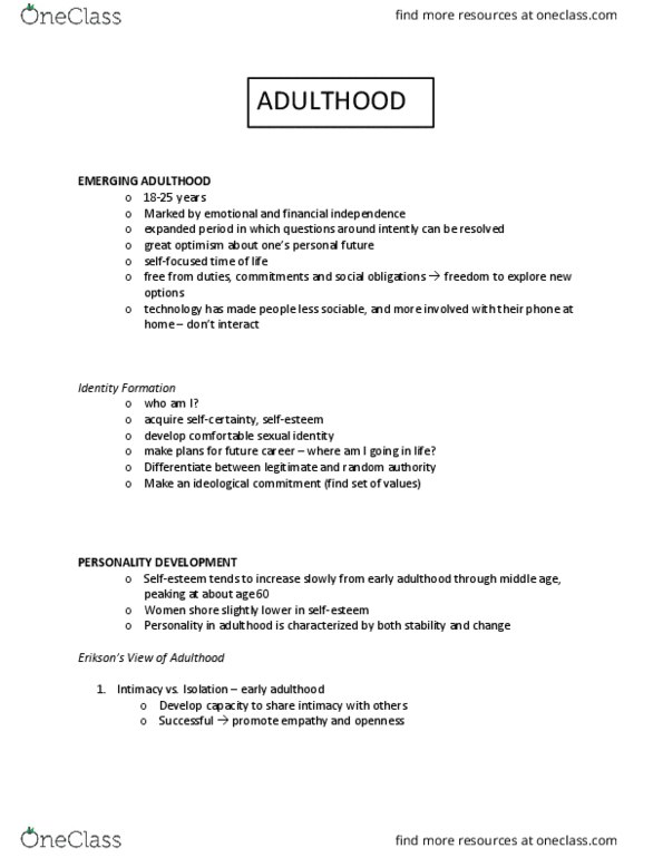 PSYC 1010 Lecture Notes - Lecture 8: Heredity, Midlife Crisis thumbnail