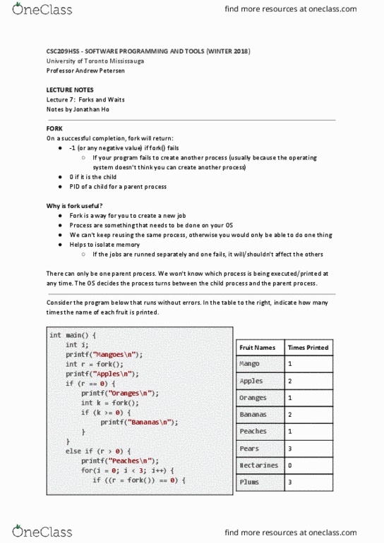 CSC209H5 Lecture Notes - Lecture 7: Entry Point, Parent Process, Child Process thumbnail