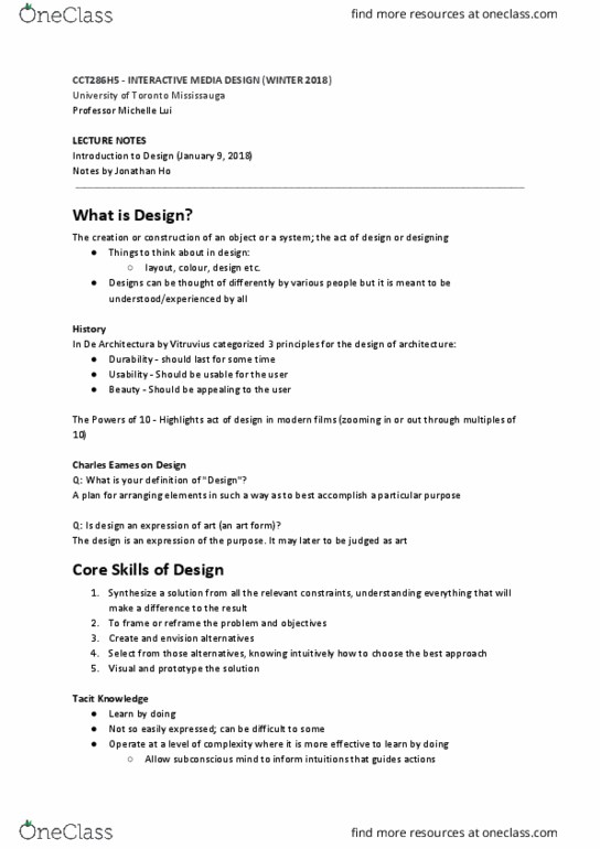 CCT286H5 Lecture Notes - Lecture 1: De Architectura, Interaction Design, Tacit Knowledge thumbnail