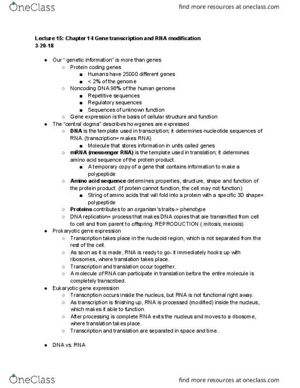 BIO 326 Lecture Notes - Lecture 15: Phosphodiester Bond, Ribose, Protein Subunit thumbnail