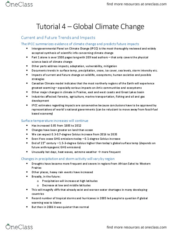 Biology 2485B Chapter 4: Tutorial 4 Reading Notes - Global Climate Change thumbnail