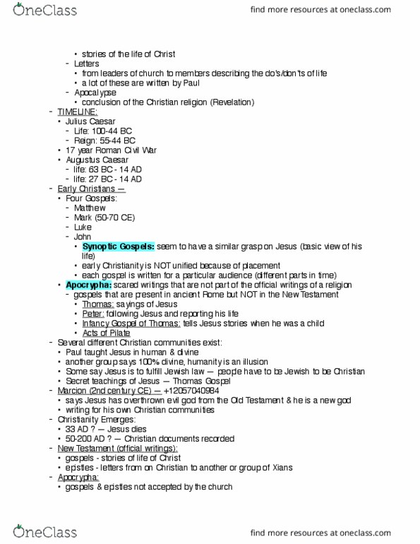 HIST 1010 Lecture Notes - Lecture 4: Noumenon, Synoptic Gospels, Early Christianity thumbnail