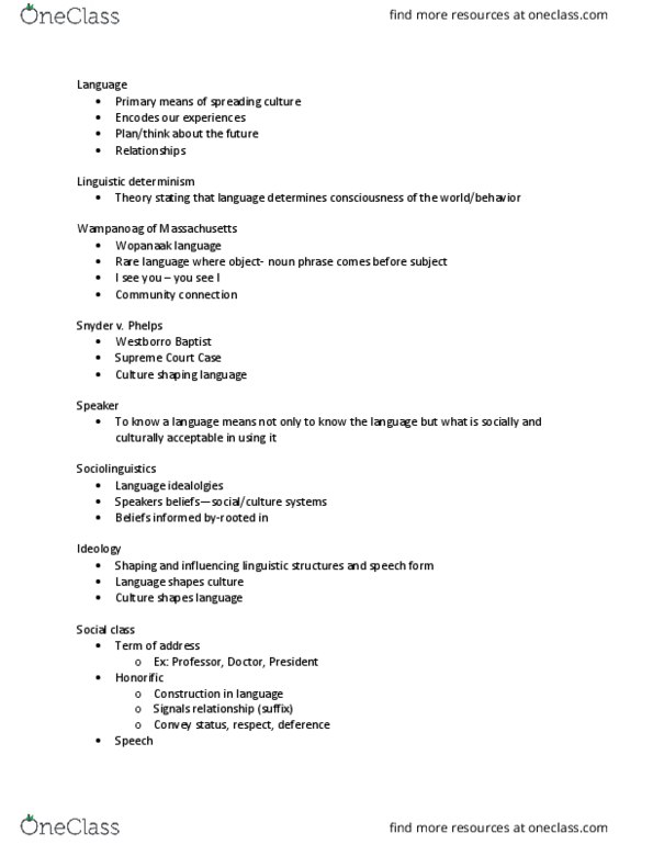 ANTH 195 Lecture Notes - Lecture 19: Linguistic Determinism, Sociolinguistics, Social Class thumbnail