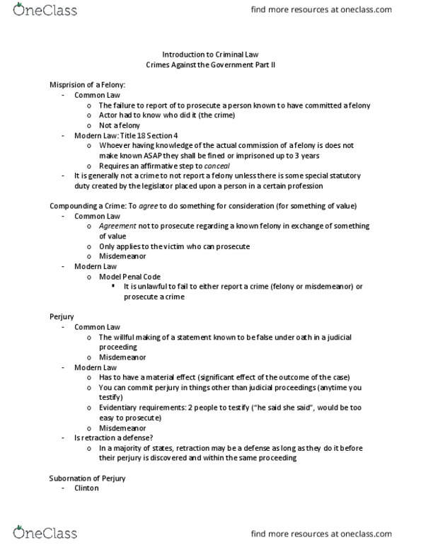 ADMJ 1400 Lecture Notes - Lecture 7: Model Penal Code, Perjury thumbnail