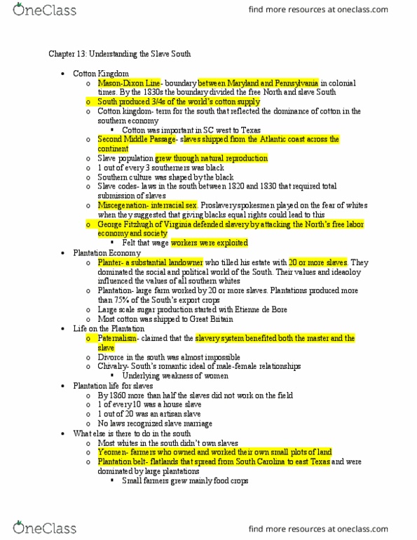 HIST 1115 Chapter Notes - Chapter 13: Slave Codes, Culture Of The Southern United States, Miscegenation thumbnail