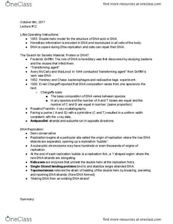 BIO 121 Lecture Notes - Lecture 12: Dna Ligase, Okazaki Fragments, Erwin Chargaff thumbnail