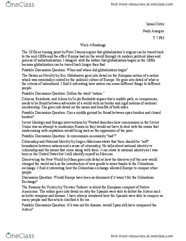 GLOBL 2 Chapter Notes - Chapter 4: Seyla Benhabib, Tzvetan Todorov, Eric Hobsbawm thumbnail