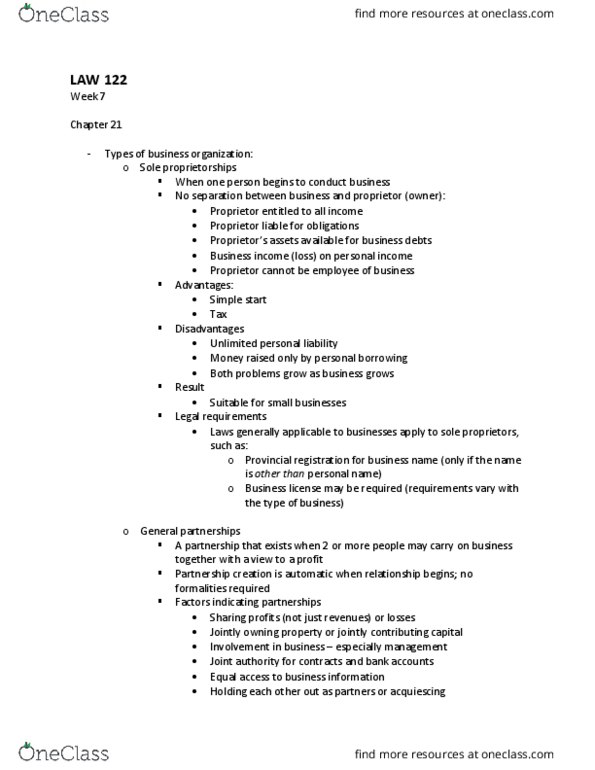 LAW 122 Lecture Notes - Lecture 7: Corporate Finance, Canada Business Corporations Act, Numbered Company thumbnail
