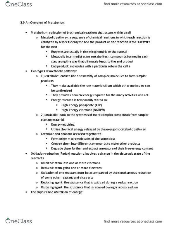 BIOL 329 Chapter Notes - Chapter 3.9: Citric Acid Cycle, Oxidizing Agent, Metabolic Pathway thumbnail