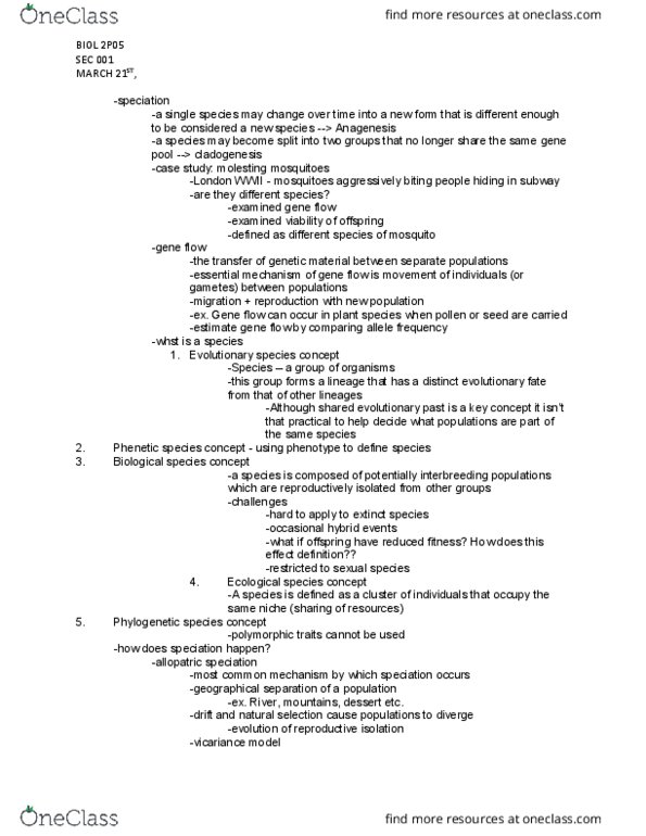 BIOL 2P05 Lecture Notes - Lecture 26: Parapatric Speciation, Sympatric Speciation, Spatial Gradient thumbnail