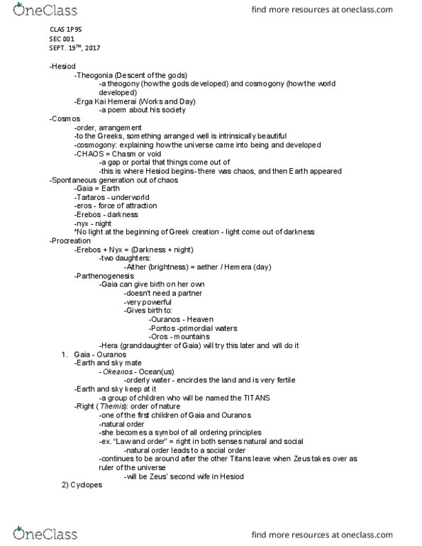 CLAS 1P95 Lecture Notes - Lecture 2: Fraxinus, Hekatonkheires, Cronus thumbnail