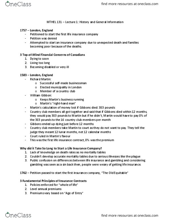 MTHEL131 Lecture Notes - Lecture 1: Life Insurance thumbnail