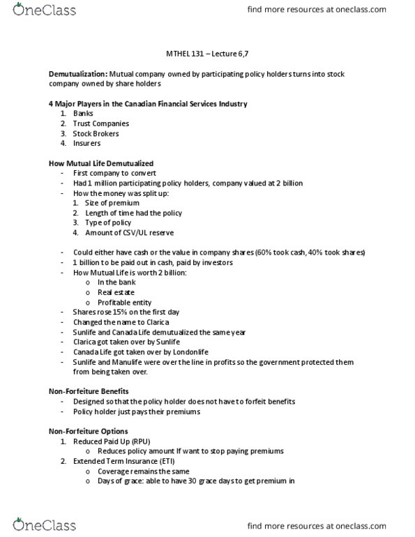 MTHEL131 Lecture Notes - Lecture 6: Confederation Life, Crisscross, Demutualization thumbnail