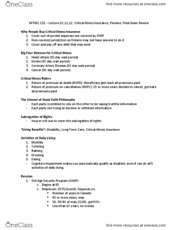 MTHEL131 Lecture Notes - Lecture 10: Canada Pension Plan, General Insurance, Critical Illness Insurance thumbnail