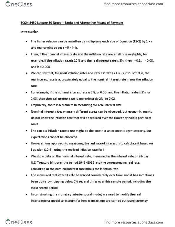 ECON 2450 Lecture Notes - Lecture 30: Nominal Interest Rate, Real Interest Rate, United States Treasury Security thumbnail