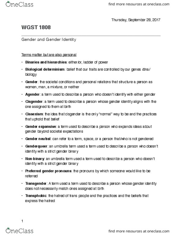 WGST 1808 Lecture Notes - Lecture 4: Riki Wilchins, Lois Gould, Masculinity thumbnail