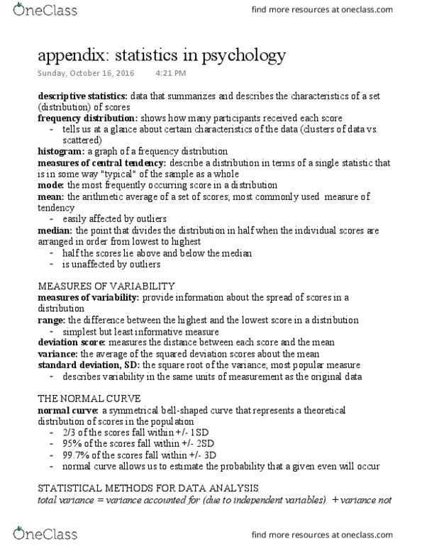 Psychology 1000 Chapter Notes - Chapter appendix: Statistical Significance, Statistical Inference, Null Hypothesis thumbnail