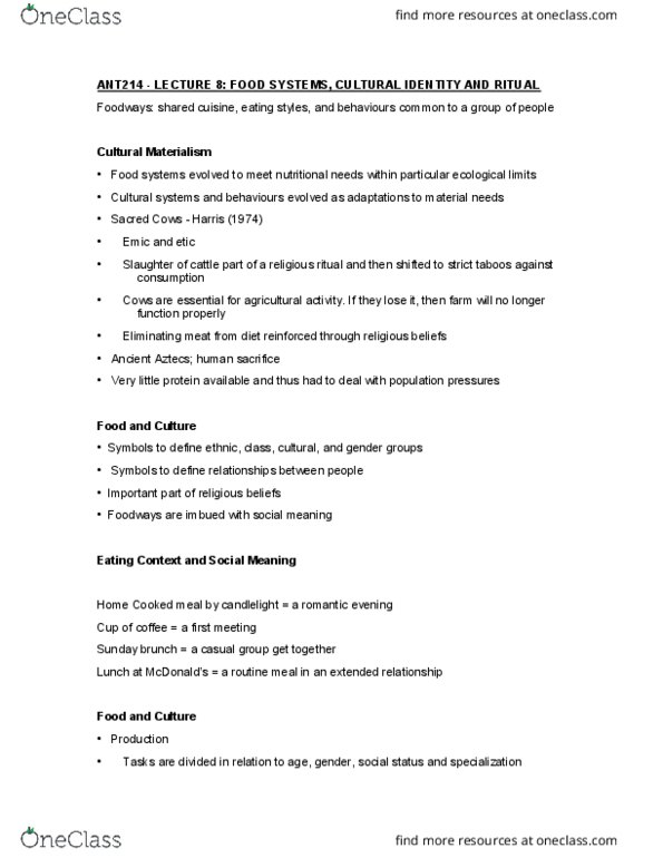 ANT214H5 Lecture Notes - Lecture 8: Marvin Harris, Entomophagy, Chopsticks thumbnail