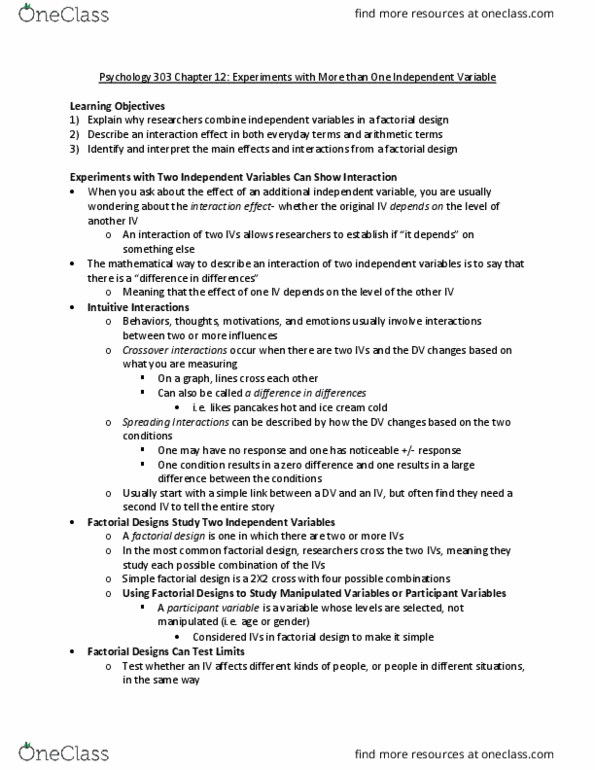 PSYCH 303 Chapter 12: Experiments with More Than One Independent Variable thumbnail