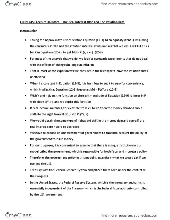 ECON 2450 Lecture Notes - Lecture 34: Nominal Interest Rate, Money Creation, Budget Constraint thumbnail