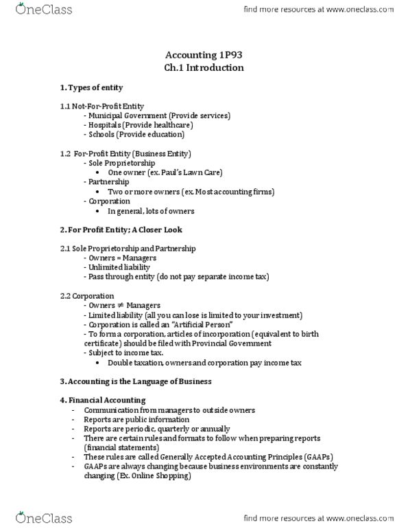 ACTG 1P91 Chapter Notes - Chapter 1: Accounting Equation, International Financial Reporting Standards, Sole Proprietorship thumbnail