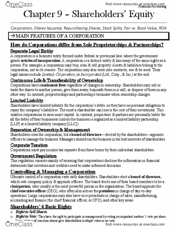 MGT120H5 Chapter Notes - Chapter 9: Dividend, Retained Earnings, Chief Financial Officer thumbnail