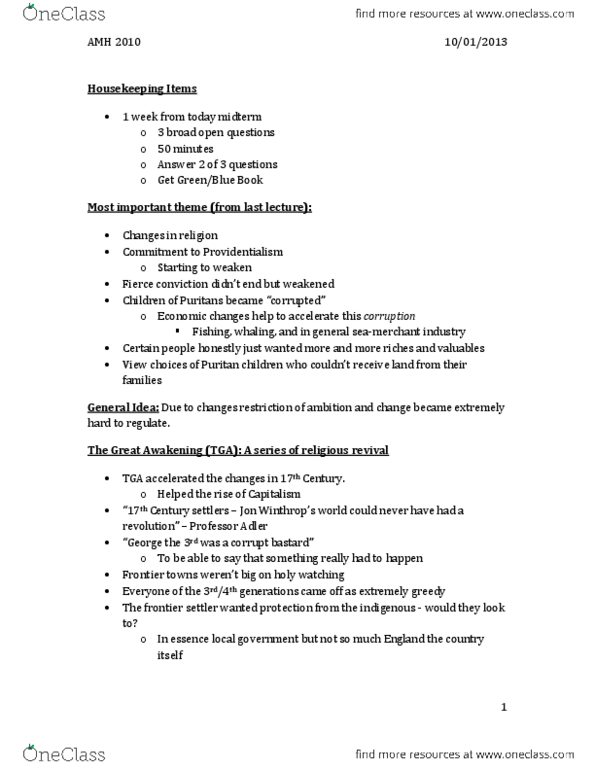 AMH 2010 Lecture Notes - Church Attendance, List Of Civilisations In The Culture Series, Social Mobility thumbnail