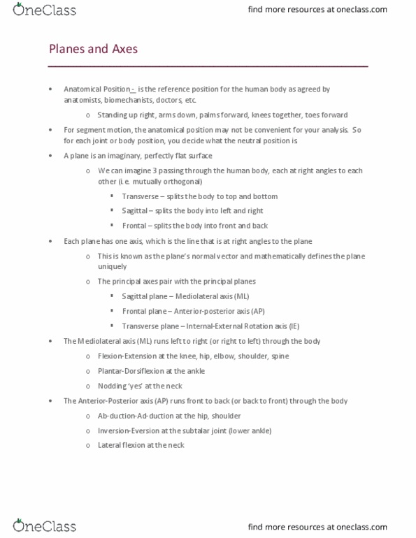 Kinesiology 2241A/B Lecture Notes - Lecture 3: Anthropometry, Subtalar Joint, Sagittal Plane thumbnail