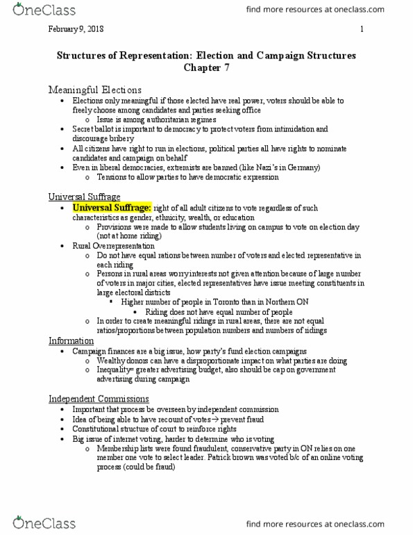 POLS 1000 Lecture Notes - Lecture 10: Closed List, Plurality Voting System, Two-Round System thumbnail