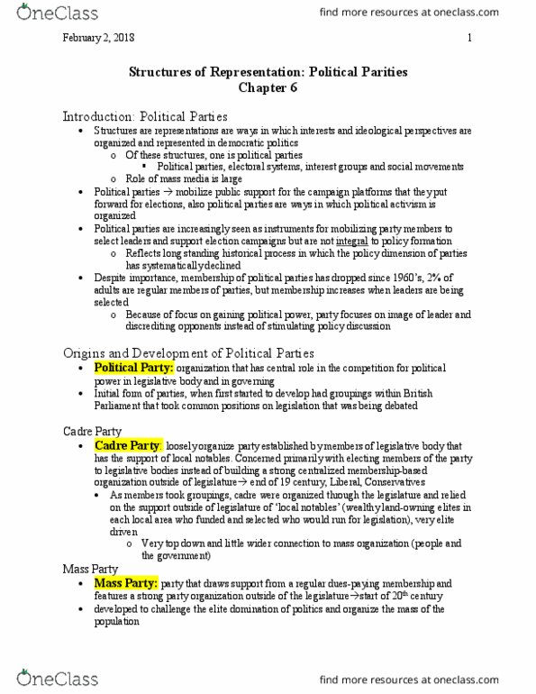 POLS 1000 Lecture Notes - Lecture 11: Oligarchy, Jack Layton, Regina Manifesto thumbnail