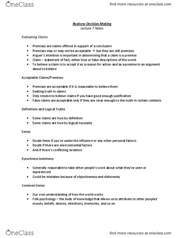 BUS 221 Lecture Notes - Lecture 7: Eyewitness Testimony, Logical Truth, Folk Psychology thumbnail